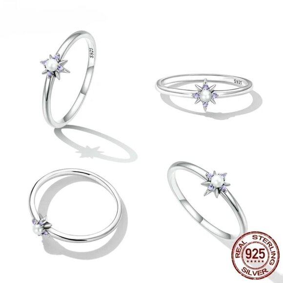 NWT Dainty Star Ring S925 Sterling Silver Pearl Purple Zircon Sz. 7 - Picture 8 of 11